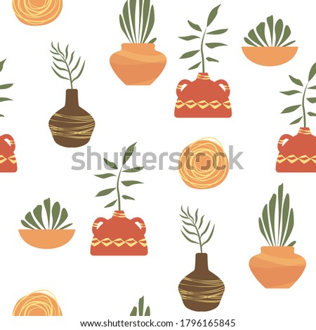 seamless pattern floral. vase and plants in terra cotta colors. boho vector for home decor ,textile,paper,wallpaper