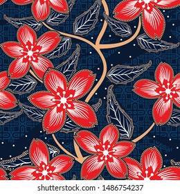 Seamless pattern with floral vector Illustration, Indonesian batik motif