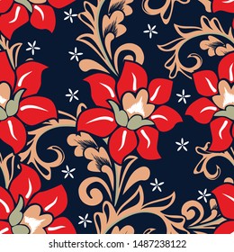 Seamless pattern with floral vector Illustration, Indonesian batik motif