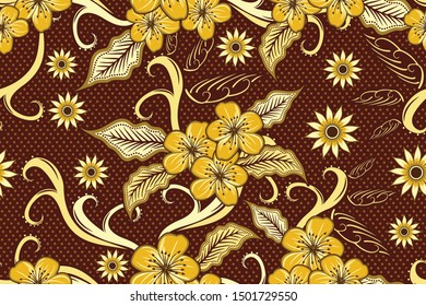 Seamless pattern with floral vector Illustration, Indonesian batik motif