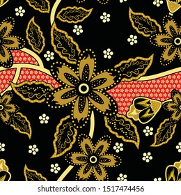 Seamless pattern with floral vector Illustration, Indonesian batik motif