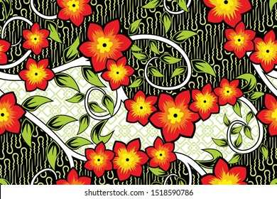 Seamless pattern with floral vector Illustration, Indonesian batik motif