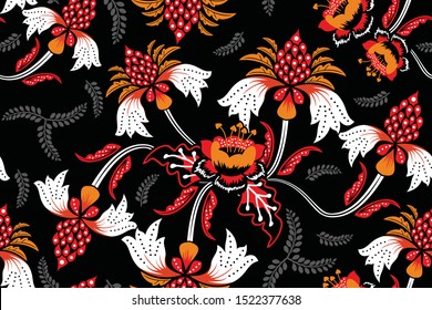 Patrón sin problemas con ilustración de vectores florales, motivo batik indonesio