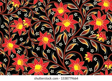 Seamless pattern with floral vector Illustration, fantasy batik motif