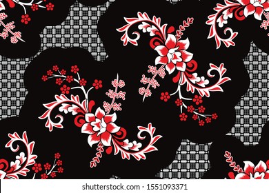 Seamless pattern with floral vector Illustration, Indonesian batik motif