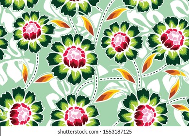 Seamless pattern with floral vector Illustration, Indonesian batik motif