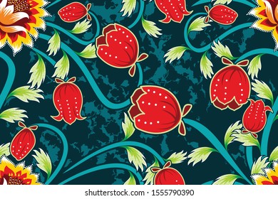 Seamless pattern with floral vector Illustration, Indonesian batik motif