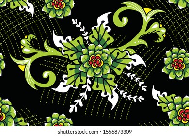 Seamless pattern with floral vector Illustration, Indonesian batik motif