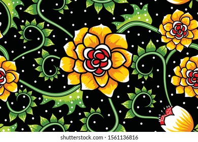 Seamless pattern with floral vector Illustration, fantasy batik motif