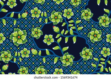 Seamless pattern with floral vector Illustration, Indonesian batik motif