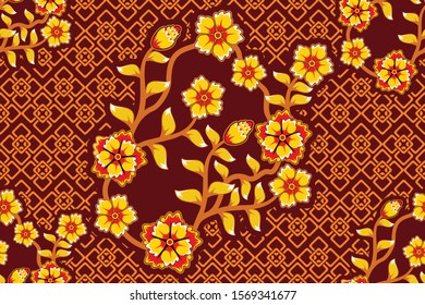 Seamless pattern with floral vector Illustration, Indonesian batik motif
