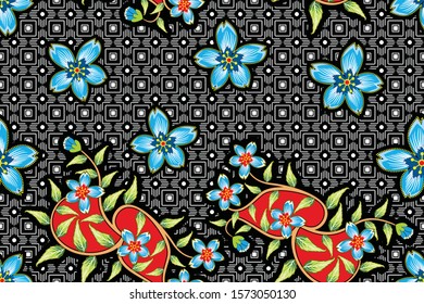 Seamless pattern with floral vector Illustration, Indonesian batik motif