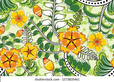 Seamless pattern with floral vector Illustration, Indonesian batik motif