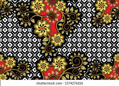 Seamless pattern with floral vector Illustration, Indonesian batik motif