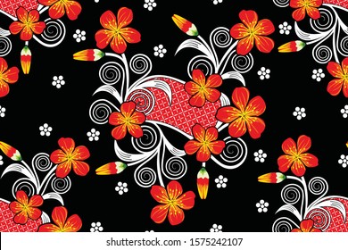 Seamless pattern with floral vector Illustration, Indonesian batik motif