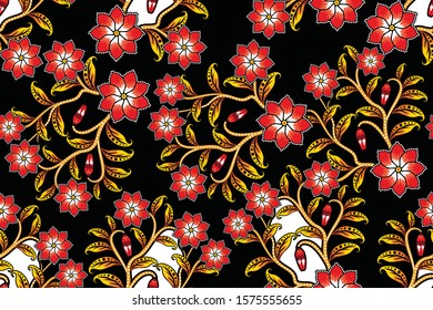 Seamless pattern with floral vector Illustration, Indonesian batik motif