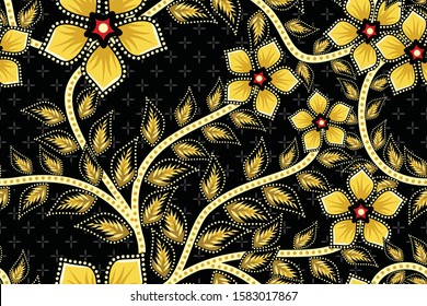 Seamless pattern with floral vector Illustration, Indonesian batik motif