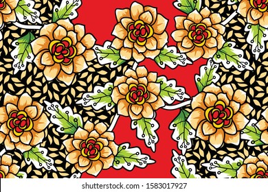 Seamless pattern with floral vector Illustration, Indonesian batik motif