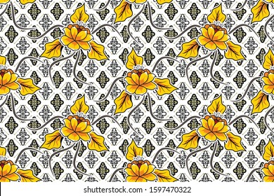 Seamless pattern with floral vector Illustration, Indonesian batik motif