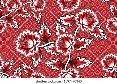 Seamless pattern with floral vector Illustration, Indonesian batik motif