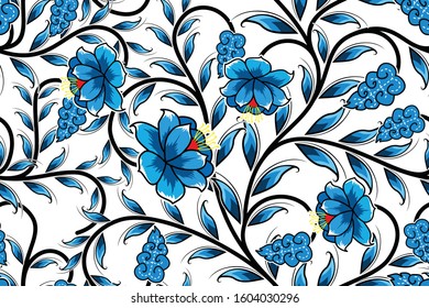 Seamless pattern with floral vector Illustration, fantasy batik motif
