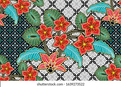 Seamless pattern with floral vector Illustration, Tropical batik motif
