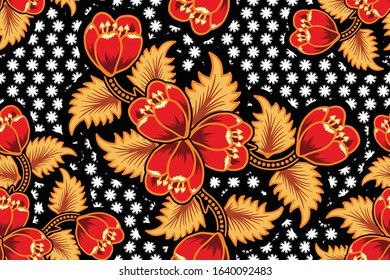 Seamless pattern with floral vector Illustration, Tropical batik motif