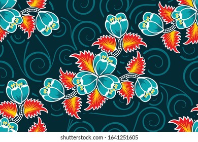 Seamless pattern with floral vector Illustration, Tropical batik motif