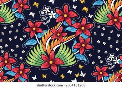 Seamless pattern with floral vector Illustration, Tropical batik motif