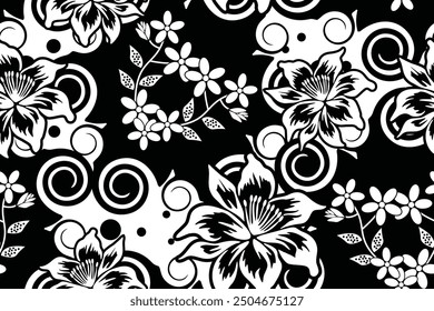 Seamless pattern with floral vector Illustration, Tropical batik motif