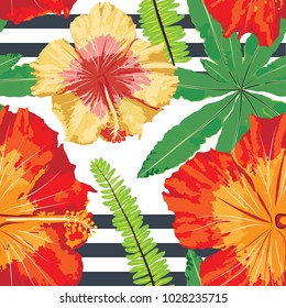 Seamless pattern floral vector illustration.Orange and red hibiscus flowers and green fern on geometric background.