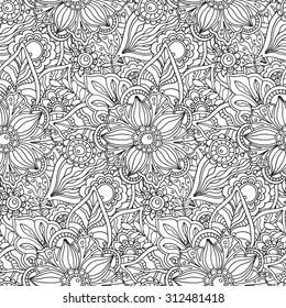 Seamless pattern with floral vector ornament  in doodle style