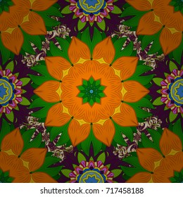 Seamless pattern. Floral wallpaper. On orange, green and purple colors. Indian ornament. Vector illustration. Colorful ornamental border.