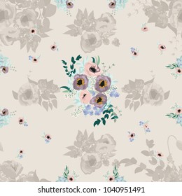 Seamless pattern floral watercolor design: garden poppy, daisy, marguerite, silver eucalyptus, willow, green thyme, greenery leaves. Boho romantic millefleurs background print.