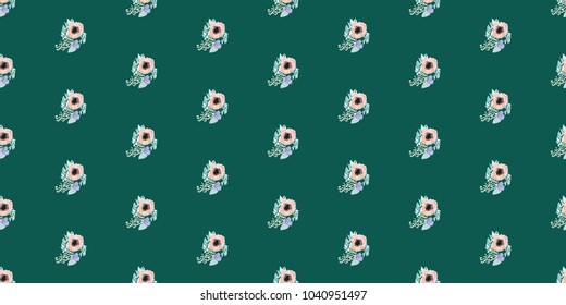 Seamless pattern floral watercolor design: garden poppy, daisy, marguerite, silver eucalyptus, willow, green thyme, greenery leaves. Boho romantic millefleurs background print.