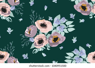 Seamless pattern floral watercolor design: garden poppy, daisy, marguerite, silver eucalyptus, willow, green thyme, greenery leaves. Boho romantic millefleurs background print.
