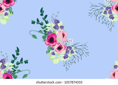 Seamless pattern floral watercolor design: garden poppy, violet, daisy, marguerite, silver eucalyptus, willow, green thyme, greenery leaves. Boho romantic millefleurs background print.