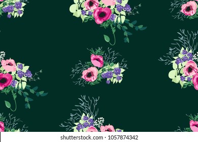 Seamless pattern floral watercolor design: garden poppy, violet, daisy, marguerite, silver eucalyptus, willow, green thyme, greenery leaves. Boho romantic millefleurs background print.