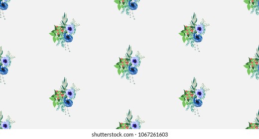 Seamless pattern floral watercolor design: garden poppy, daisy, marguerite, silver eucalyptus, willow, green thyme, greenery leaves. Boho romantic millefleurs background print.