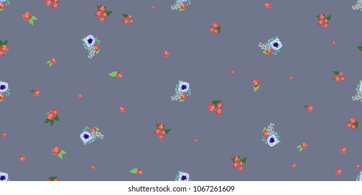 Seamless pattern floral watercolor design: garden poppy, daisy, marguerite, silver eucalyptus, willow, green thyme, greenery leaves. Boho romantic millefleurs background print.