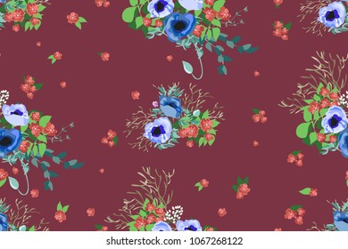 Seamless pattern floral watercolor design: garden poppy, daisy, marguerite, silver eucalyptus, willow, green thyme, greenery leaves. Boho romantic millefleurs background print.