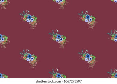 Seamless pattern floral watercolor design: garden poppy, daisy, marguerite, silver eucalyptus, willow, green thyme, greenery leaves. Boho romantic millefleurs background print.
