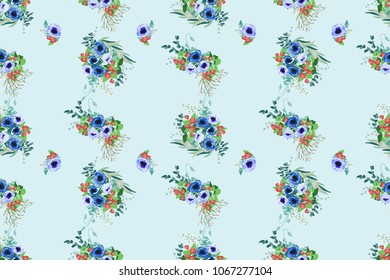 Seamless pattern floral watercolor design: garden poppy, daisy, marguerite, silver eucalyptus, willow, green thyme, greenery leaves. Boho romantic millefleurs background print.