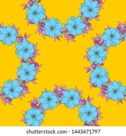 Seamless pattern of floral wreath of bright blue flowers on yellow. Decorative element for scrapbook, textile, stickers,advertisement, web, invitations and greeting cards design.