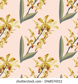 Patrón inexorable floral con flores orquídeas amarillas fondo abstracto.Dibujo de ilustraciones vectoriales.Para el diseño de papel pintado,tela textil o embalaje de productos.