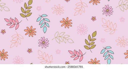 Seamless pattern with florals. Good for fabric, background, postcards. Cute flowers and leaves