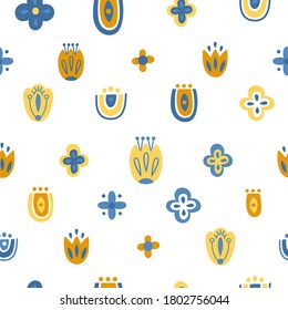 Patrón sin foco con flores y hojas al estilo escandinavo. Arte popular. Fondo vectorial nórdico con ornamentos.