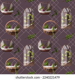 Seamless pattern with Florarium. Houseplants, home garden, greenhouse, gardening, plant lover concept. Vector illustration.