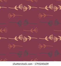 Seamless pattern with floristic dandelion multicolor shapes. Burgundy background. Naive stylized design. Decorative backdrop for wallpaper, wrapping paper, textile print, fabric. Vector illustration.