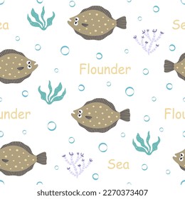 seamless pattern with flounder in aquatic habitat, sea fish illustration in flat design, background of fish for packaging, textiles, wallpapers